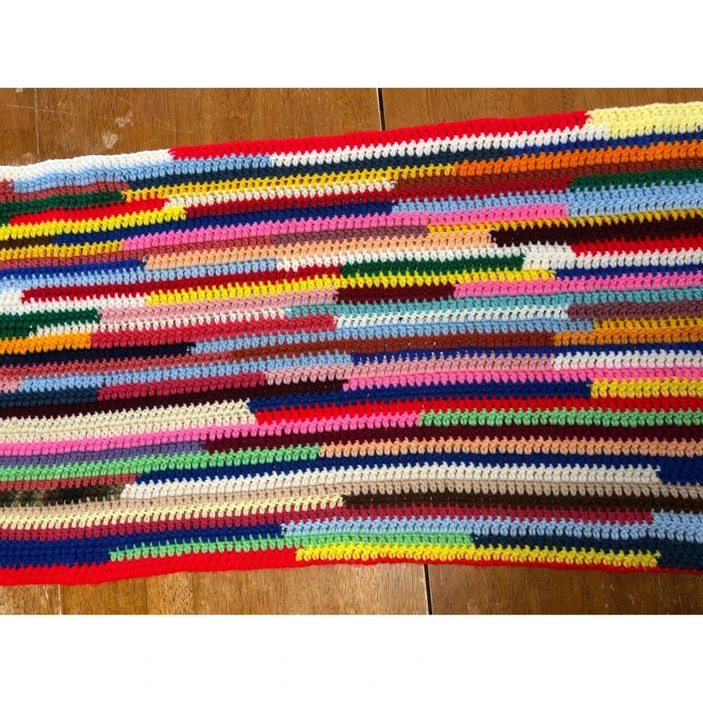 Boho Eclectic‎ Handmade Crochet Multicolor Scrap Yarn Table Runner Throw 48x20